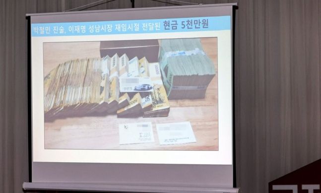 김용판 국민의힘 의원이 18일 경기도 수원시 팔달구 경기도청에서 열린 국회 행정안전위원회의 경기도 대한 국정감사에서 더불어민주당 대선후보인 이재명 경기도지사의 '조폭 연루설'을 주장하며 관련 돈다발 사진을 공개하고 있다. 수원=연합뉴스