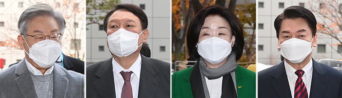 더불어민주당 이재명(왼쪽부터), 국민의힘 윤석열, 정의당 심상정, 국민의당 안철수 대선 후보가 18일 오전 SBS D 포럼 '5천만의 소리, 지휘자를 찾습니다'에 참석하기 위해 서울 마포구 SBS 프리즘타워로 들어가고 있다. 국회사진기자단