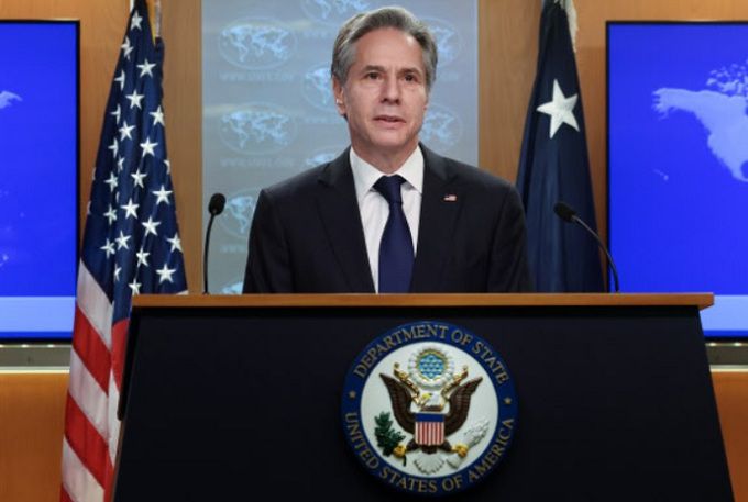토니 블링컨 미국 국무장관이 21일(현지시간) 올 한 해 미국의 외교를 결산하는 기자회견을 하고 있다. 워싱턴=AP연합뉴스