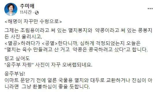 추미애 전 법무부 장관 페이스북 글. 페이스북 캡처