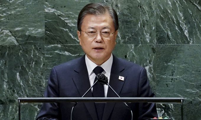 문재인 대통령이 2021년 9월 21일(현지시각) 미국 뉴욕 유엔 총회장에서 기조연설을 하고 있다. 연합뉴스