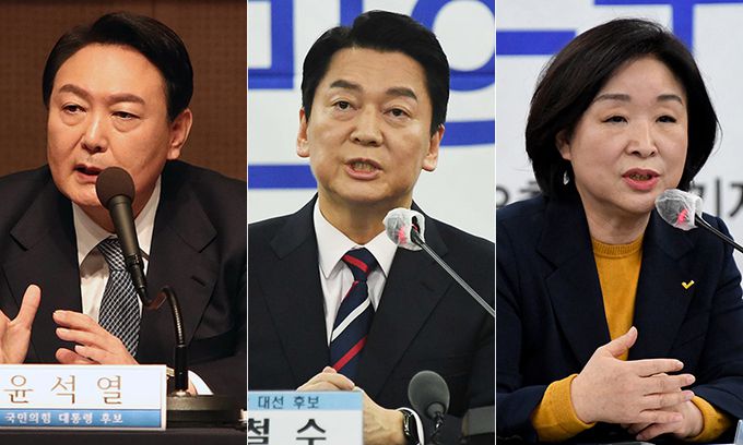 설 연휴 직후인 3일 제20대 대선 주요 후보 4인이 KBS·MBC·SBS 등 지상파방송 3사 합동 초청으로 생중계되는 TV토론에서 격돌할 예정이다. 왼쪽부터 국민의힘 윤석열, 국민의당 안철수, 정의당 심상정 대선 후보.