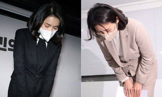이재명 더불어민주당 대선 후보의 배우자 김혜경(오른쪽)씨가 지난 9일 오후 서울 여의도 더불어민주당 중앙당사에서 '과잉의전' 의혹과 관련해 고개 숙여 사과하고 있다. 왼쪽은 지난해 12월 26일 윤석열 국민의힘 대선 후보의 배우자 김건희 씨가 '허위경력' 의혹과 관련해 고개 숙여 사과하는 모습. 뉴스1