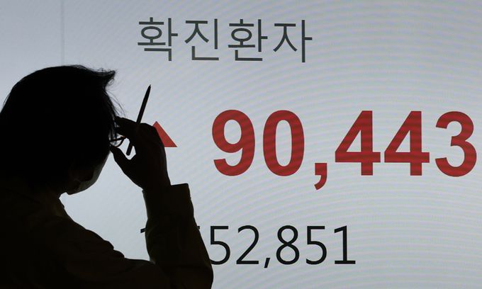 코로나19 전날 신규 확진자 수가 9만443명을 기록하며 10만명대를 눈앞에 둔 16일 서울 송파구청 모니터에 확진자 수가 표시되고 있다. 연하뷰스
