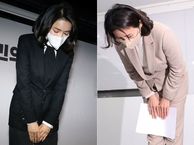 자신을 둘러싼 허위 이력 기재 논란에 고개 숙여 사과한 김건희씨(사진 왼쪽)와 과잉 의전 논란에 사과한 김혜경씨. 뉴스1