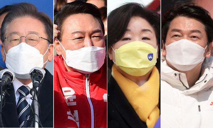 더불어민주당 이재명(왼쪽부터), 국민의힘 윤석열, 정의당 심상정, 국민의당 안철수 대선후보가 제20대 대통령선거 공식선거운동이 시작된 15일 22일간의 유세전에 돌입했다. 이 후보는 대구 중구 동성로에서, 윤 후보는 서울 청계광장, 심 후보는 전북 전주시 롯데백화점 네거리, 안 후보는 경북 김천시 김천역 광장에서 각자 유세를 벌이고 있다. 대구·전주·김천=서상배 선임기자·허정호 선임기자·연합뉴스