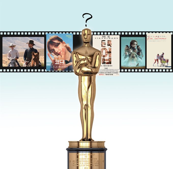 다음달 27일(현지시간) 미국 캘리포니아주 로스앤젤레스 할리우드의 돌비 극장에서 예정된 제94회 아카데미상 작품상 후보에 이름을 올린 온라인 스트리밍 서비스 영화들. 왼쪽부터 넷플릭스의 ‘파워 오브 도그’, 애플TV 플러스 ‘코다’. 넷플릭스 ‘돈 룩 업’, HBO 맥스 ‘듄’과 ‘킹 리처드’.