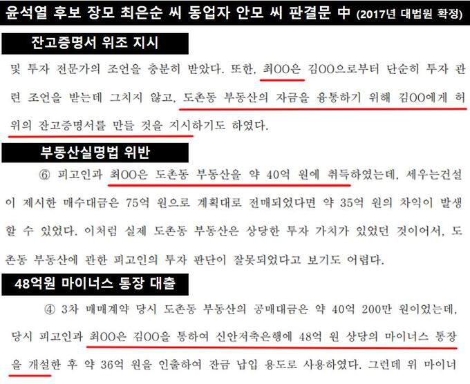 국민의힘 윤석열 대선 후보 장모 최은순씨의 동업자 안모씨 판결문 일부. 더불어민주당 제공