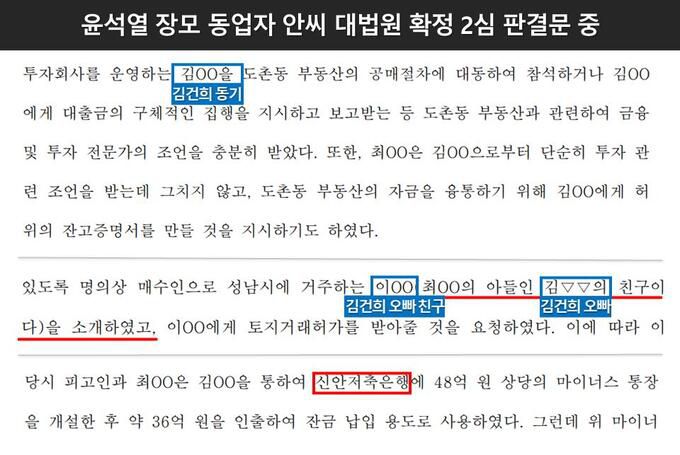 국민의힘 윤석열 대선 후보 장모 최은순씨의 동업자 안모씨 판결문 일부. 더불어민주당 제공