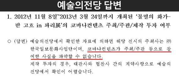 예술의전당이 ‘불멸의 화가, 반고흐 인 파리전’과 관련 국회에 제출한 답변서 일부. 더불어민주당 제공