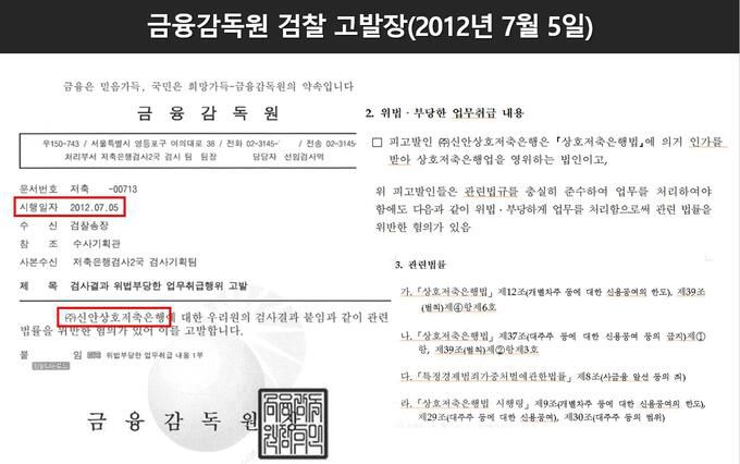금융감독원이 2012년 7월 5일 검찰에 제출한 고발장. 더불어민주당 제공