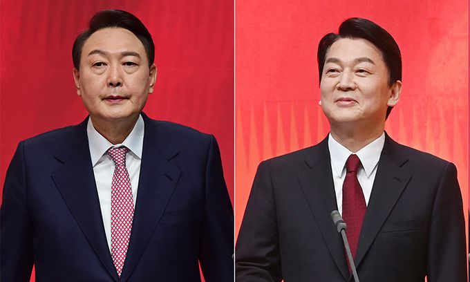 국민의힘 윤석열 대선 후보(왼쪽), 국민의당 안철수 대선 후보. 연합뉴스