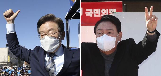 더불어민주당 이재명 대선 후보와 국민의힘 윤석열 대선 후보가 지난 6일 서울 도봉산 입구와 경기도 동두천시 지행역 광장에서 각각 선거 전 마지막 주말 유세를 하고 있다. 뉴시스