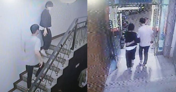 지난 1일 오전 2시쯤 경기 수원시 인계동에 위치한 한 노래 주점에서 무전취식 후 사라진 커플의 모습이 담긴 폐쇄회로(CC)TV 영상 장면. 피해업주 제공