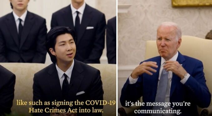 방탄소년단(BTS) 리더에 해당하는 RM이 코로나19 증오범죄 방지법 입법 및 서명에 관해 조 바이든 미국 대통령한테 감사를 표하는 모습(왼쪽 사진). 오른쪽 사진은 바이든 대통령이 “중요한 건 여러분이 대중과 소통하며 전하는 메시지”라며 이른바 ‘선한 영향력’ 발휘를 당부하는 모습. 바이든 대통령 SNS 캡처