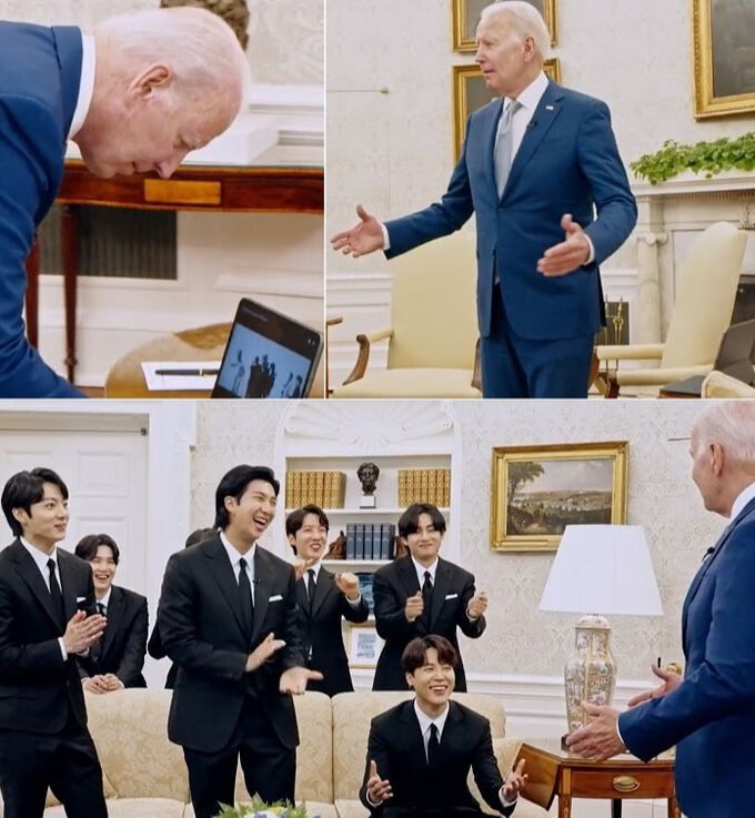 윗줄 왼쪽부터 시계방향으로 79세 고령의 조 바이든 미국 대통령이 집무실의 노트북 컴퓨터를 조작해 BTS 뮤직비디오를 재생하는 모습, 음악과 화면이 제대로 나오자 자랑스럽다는 제스처를 하는 바이든 대통령, 이를 보고 웃고 손뼉을 치거나 자리에서 일어나 율동을 하는 BTS 멤버들. SNS 캡처