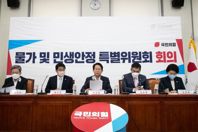 5일 오전 국회에서 열린 국민의힘 물가 및 민생안정 특별위원회 제6차 회의에서 류성걸 위원장(가운데)이 발언하고 있다. 국회사진기자단