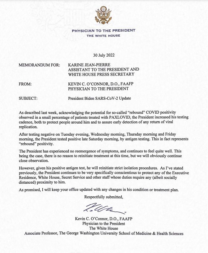 조 바이든 미국 대통령의 주치의인 케빈 오코너 박사가 30일(현지시간) 백악관 홈페이지에 공개한 바이든 대통령의 코로나19 재확진 관련 소견서. 사진=백악관
