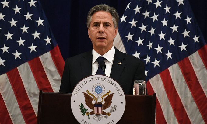 지난 5일(현지시간) 캄보디아 프놈펜에서 토니 블링컨 미국 국무장관이 제55회 아세안(ASEAN·동남아국가연합) 외교장관회의에 참석한 뒤 기자회견을 하고 있다. 프놈펜=AFP연합뉴스