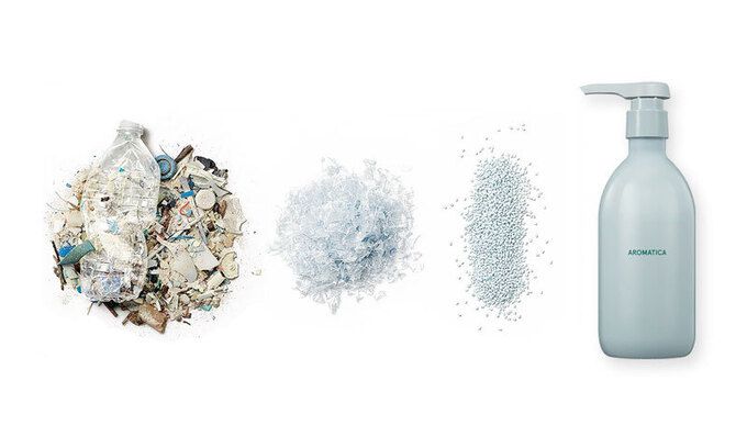 폐플라스틱을 재활용해 만든 화장품 용기. 출처=아로마티카