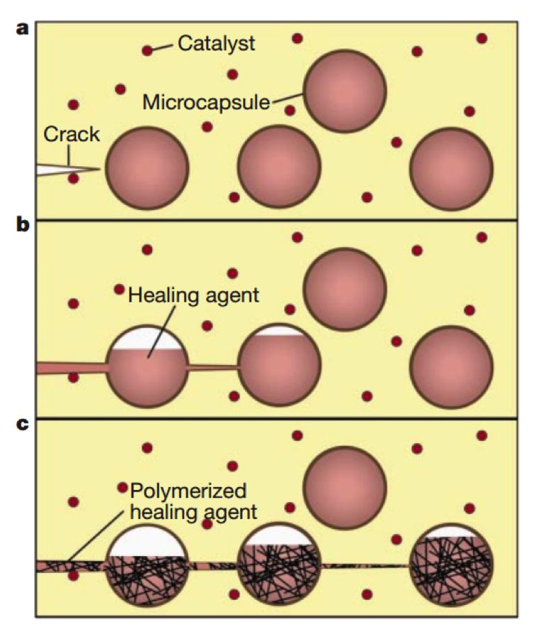 마이크로 캡슐 기반 자가치유 시스템. 출처=whitegroup.beckman.illinois.edu