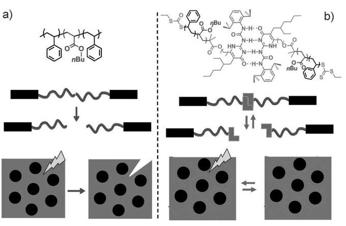초분자형 블록 공중합체의 상분리형 자가치유 개념도. 출처=앙게반테케미(Angew. Chem. Int. Ed.), 51, 10561-10565(2012)