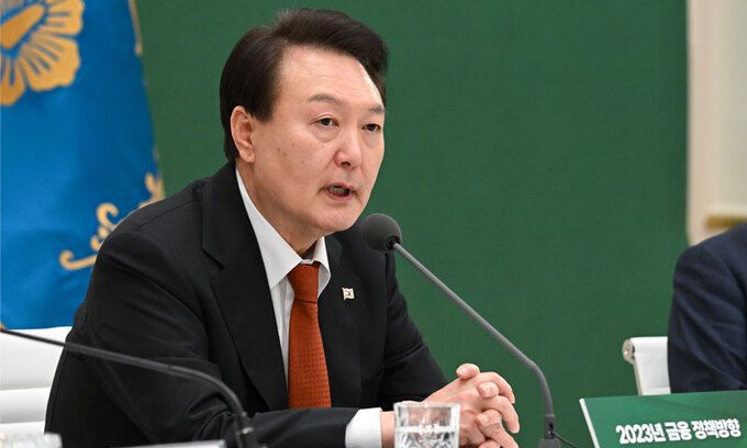 윤석열 대통령이 30일 오후 청와대 영빈관에서 열린 2023년 금융위원회 업무보고에서 모두 발언을 하고 있다. 대통령실 제공