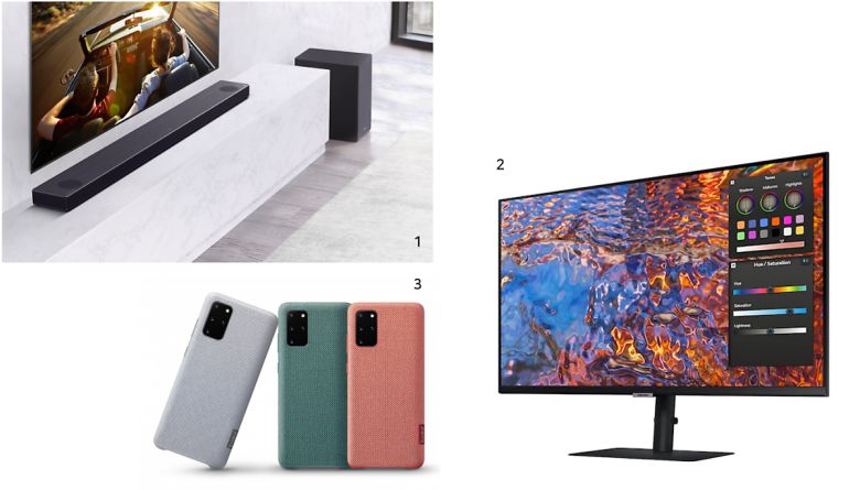 페트병 소재로 만든 사운드바, 모니터, 스마트폰 케이스. 출처=LG전자, 삼성전자