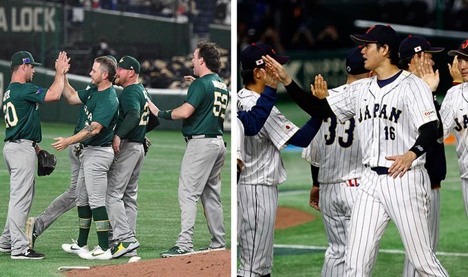 2023 WBC 본선 1라운드에서 호주(왼쪽)와 일본 대표팀이 한국에 승리를 거둔 뒤 기뻐하는 모습. 도쿄=연합뉴스