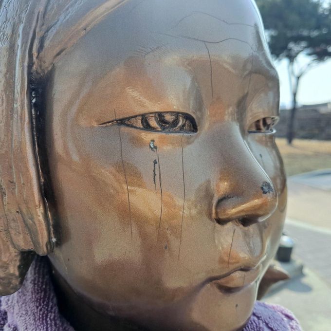 예리한 도구로 긁은 자국이 얼굴 전체를 덮은 충남 홍성군 평화의소녀상. 독자 김선재씨 제공