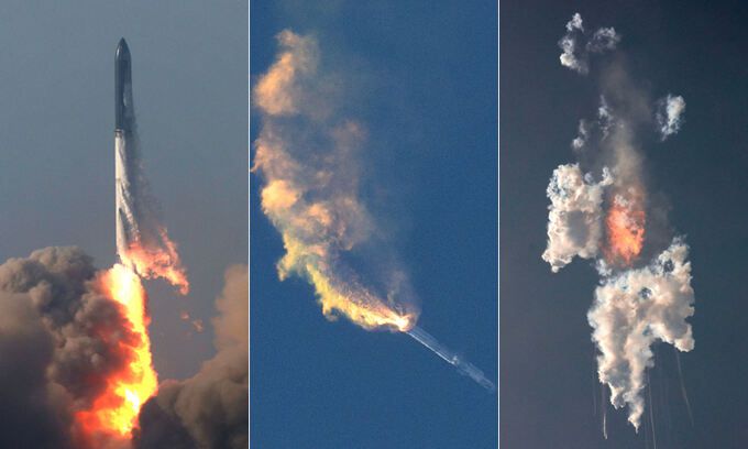 시험비행 4분 만에 폭발 민간 우주기업 스페이스X의 대형 우주선 ‘스타십’이 20일(현지시간) 미국 텍사스주 남부 보카치카 해변의 우주발사시설 ‘스타베이스’에서 발사돼 거대한 불길을 내뿜으며 수직으로 날아오르고 있다.(왼쪽 사진) 스타십은 발사 뒤 원인불명의 이유로 2단 로켓 분리에 실패하면서 빙글빙글 돌다가(가운데 〃) 이륙 4분 뒤 멕시코만 상공에서 폭발했다.(오른쪽 〃) 텍사스=로이터연합뉴스