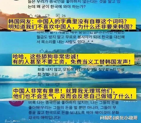중국 가짜뉴스가 '한국인이 중국을 무시한다'며 근거로 제시한 인터넷 댓글. 번역기를 돌린 듯 어색한 한국어로 미루어 조작으로 의심된다. 바이두 캡처