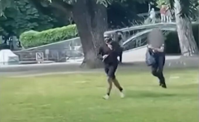 8일(현지시각) 프랑스 안시의 한 공원에서 선글라스를 쓴 남성이 흉기를 들고 놀이터를 향해 뛰어가고 있다. 유튜브 ‘TF1 INFO’ 캡처