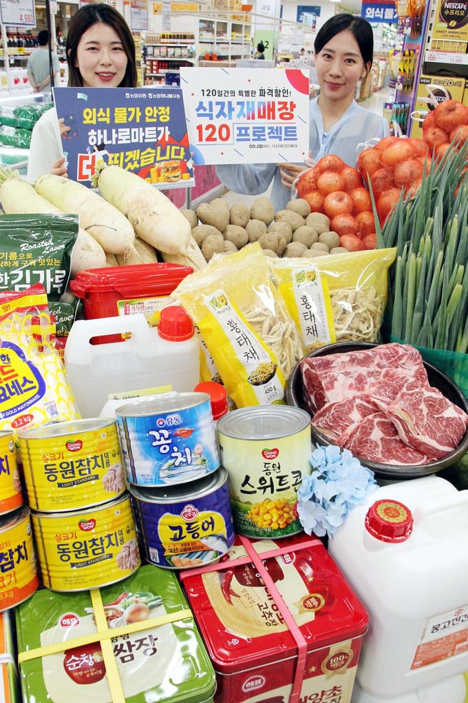 20일 서울 서초구 하나로마트 양재점 식자재 매장에서 모델들이 ‘식자재 120 프로젝트’를 소개하고 있다.