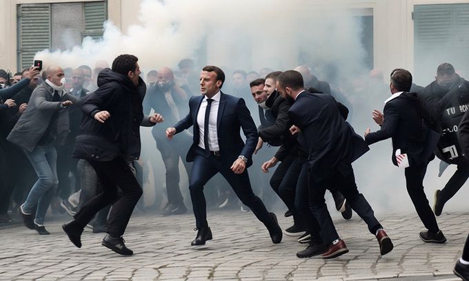 에마뉘엘 마크롱 프랑스 대통령이 시위대와 진압 경찰 사이를 질주하는 가짜 사진