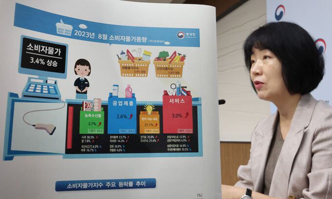 김보경 통계청 경제동향통계심의관이 5일 세종시 정부세종청사에서 2023년 8월 소비자물가동향을 발표하고 있다. 연합뉴스