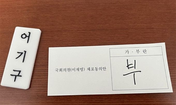 李 팬카페에 올라온 어기구 의원 투표 사진 더불어민주당 어기구 의원이 지난 21일 국회에서 진행된 이재명 대표 체포동의안 표결 당시 투표 용지와 명패를 함께 찍은 사진. 어 의원은 이를 당원 100여명이 있는 단톡방에 올렸다고 설명했다. 이재명 대표 팬카페 ‘재명이네 마을’ 캡처