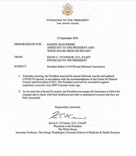 조 바이든 미국 대통령의 신형 신종 코로나바이러스 감염증(코로나19) 백신을 접종을 알리는 서한.  美 백악관 제공