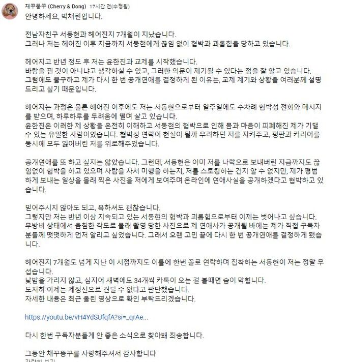 박채린 글 전문. 유튜브 커뮤니티 캡처