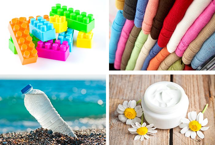 석유로 만든 레고 장난감, 합성섬유로 만든 의류, 화장품 용기, 페트(PET)병.(왼쪽 위부터 시계 방향으로)