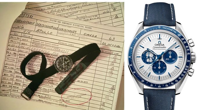 오메가 스피드마스터가 NASA의 모든 테스트를 통과한 후 작성된 보고서. 우측은 오메가 스피드마스터 '실버 스누피 어워즈 에디션 2020'.