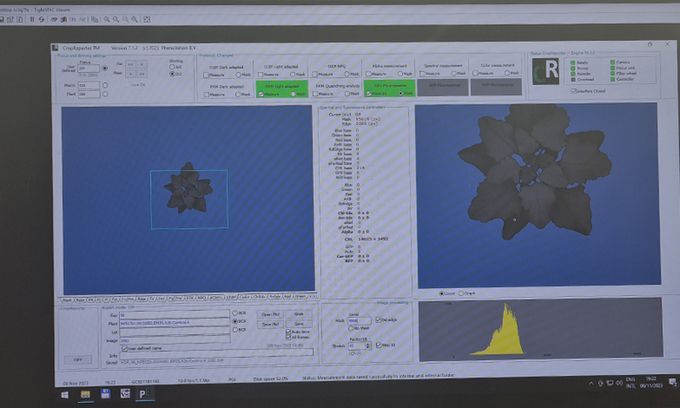 작물의 생장데이터를 만들기 위해 디지털카메라로 촬영된 이파리 사진이 엔펙 내 연구용 컴퓨터 모니터에 띄워져 있다. 엔펙에는 작물의 3차원 입체 영상을 촬영할 수 있는 장비도 마련돼 있다.