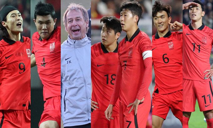 왼쪽부터 조규성, 김민재, 위르겐 클린스만 감독, 이강인, 손흥민, 황인범, 황희찬.