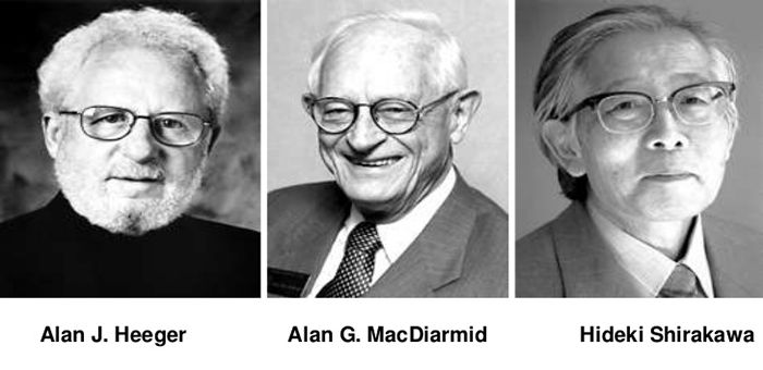 전기가 통하는 플라스틱으로 노벨 화학상을 받은 과학자 3인. 출처=http://www.slideshare.net