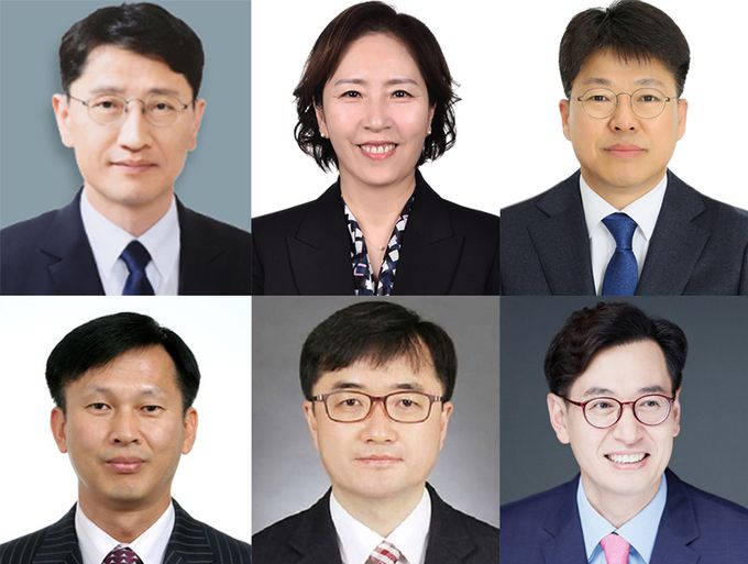 윤석열 대통령이 27일 기획재정부 2차관에 김윤상(윗줄 왼쪽부터) 조달청장, 여성가족부 차관에 신영숙 전 국가공무원인재개발원장을, 국토교통부 1차관에 진현환 현 국토교통부 주택토지실장을, 해양수산부 차관에 송명달(아랫줄 왼쪽부터) 현 해영수산부 해양정책실장을, 조달청장에 임기근 현 기획재정부 재정관리관을, 국무총리비서실장에 손영택 현 국무총리비서실 민정실장을 임명했다. 대통령실 제공