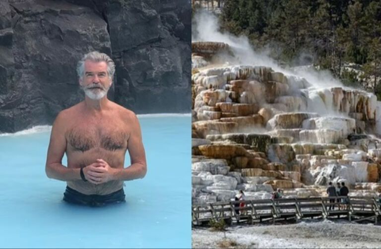 아일랜드 출신의 영화배우 및 프로듀서 피어스 브로스넌(왼쪽)과 미국 와이오밍 주 옐로스톤 국립공원 내 ‘매머드 온천’(오른쪽). 인스타그램·게티이미지