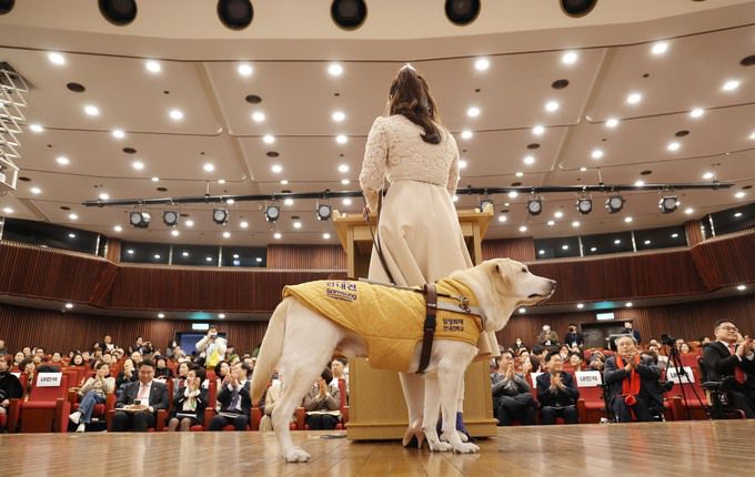 4일 김예지 국민의힘 의원의 ‘(어항)을 깨고 바다로 간다’ 출판기념회에서 김 의원이 참석자들에게 박수를 받고 있다. 뉴시스