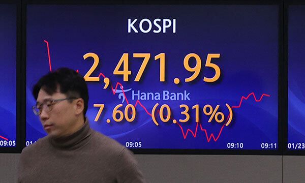 맥 못추는 코스피 코스피가 전 거래일(2463.35) 대비 13.97포인트(0.57%) 오른 2478.32에 개장한 23일 서울 중구 명동 하나은행 딜링룸에서 딜러들이 업무를 보고 있다. 이날 코스피는 0.58% 오른 2478.61에 장을 마감했다. 뉴시스