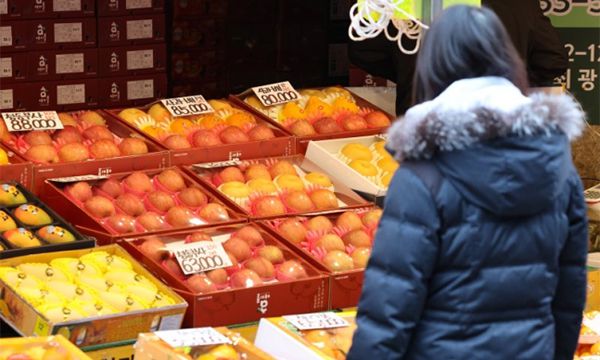 서울의 한 전통시장을 찾은 고객이 천정부지로 치솟은 과일을 쳐다보고 있다. 뉴시스