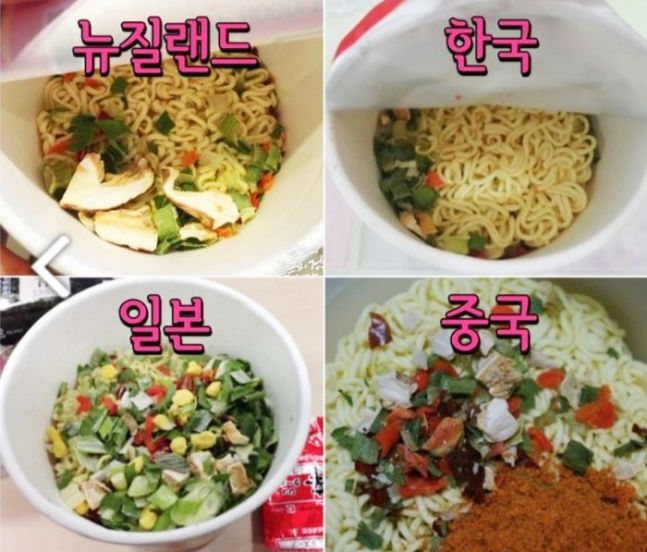 한국과 해외에서 판매 중인 신라면 컵라면의 내용물을 비교한 사진. SNS 갈무리